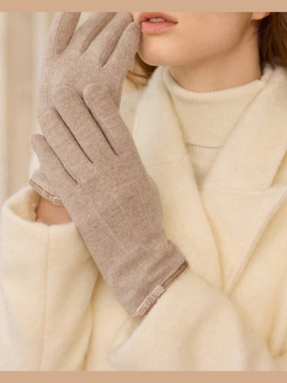 Taupe Knit Bow Trim Full Finger Knit Gloves